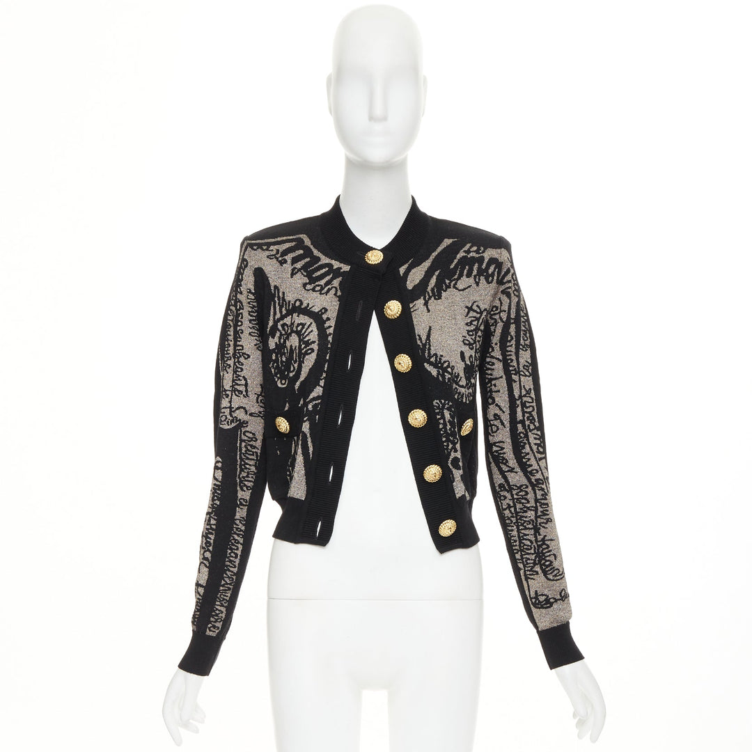 BALMAIN black bronze wool blend metallic scribble jacquard cardigan FR34 XS