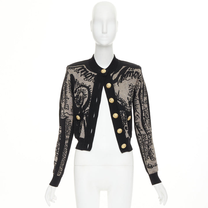 BALMAIN black bronze wool blend metallic scribble jacquard cardigan FR34 XS