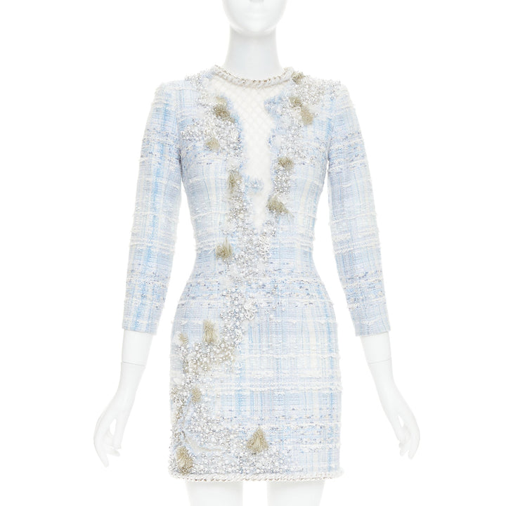 rare BALMAIN blue white tweed pearl bead embellished plunge mesh dress FR34 XS