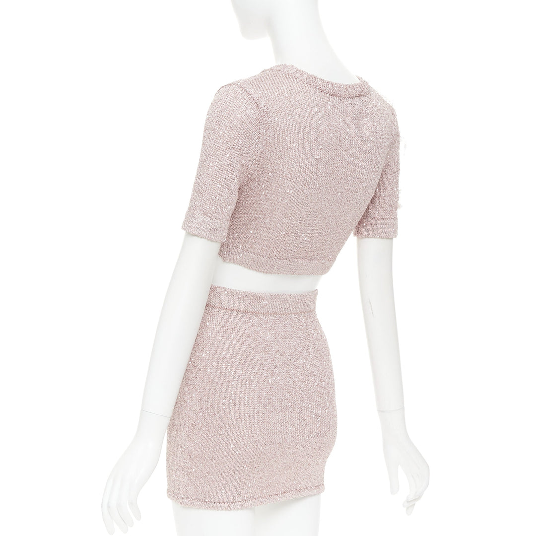 ALEXANDRE VAUTHIER Rose light pink sequin metallic lurex crop sweater mini skirt