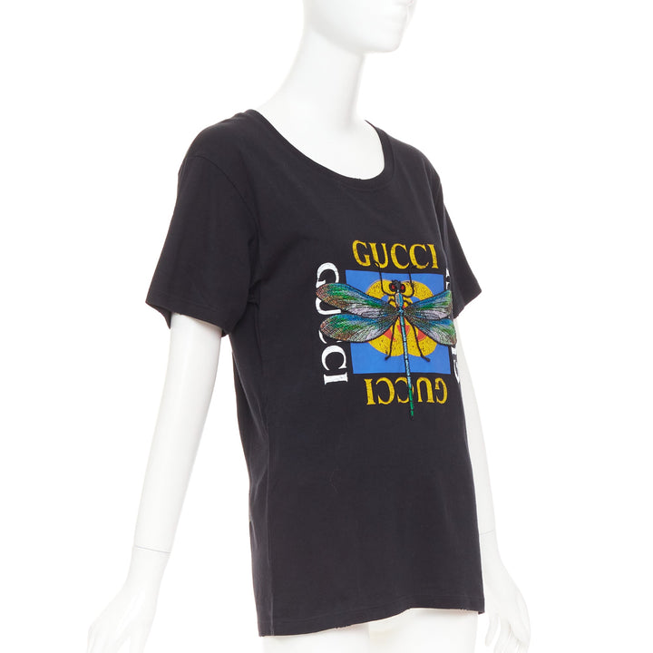 GUCCI 2018 black cotton vintage logo embroidered dragonfly jersey tshirt XS