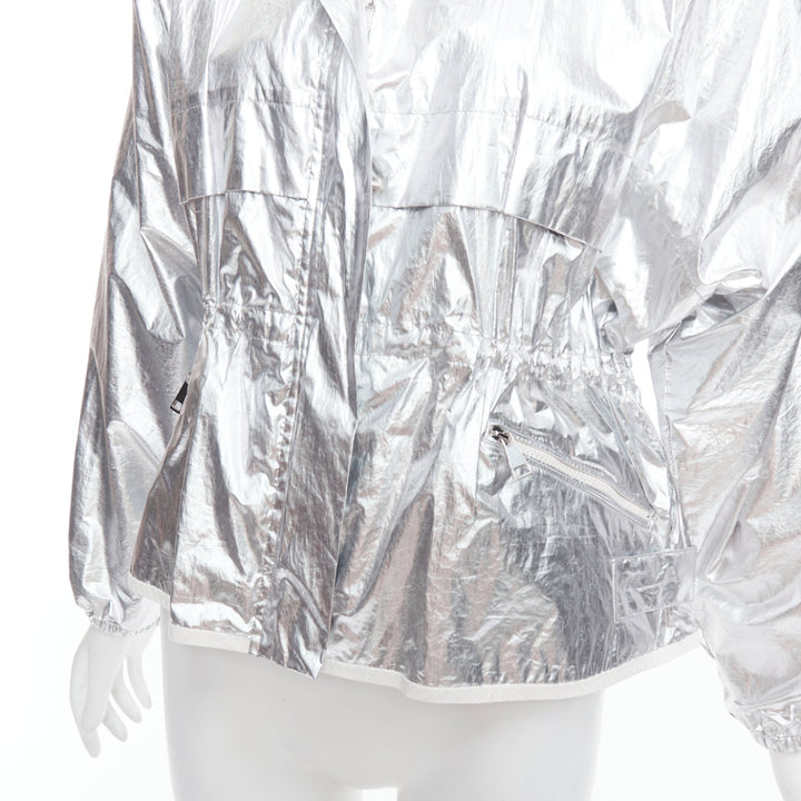 MONCLER silver coated cotton ruched waist hooded windbreaker Sz2