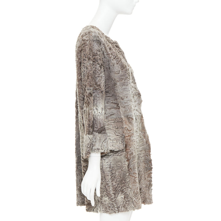MARNI brown persian lamb astrakan fur cropped sleeve cocoon coat IT40 S