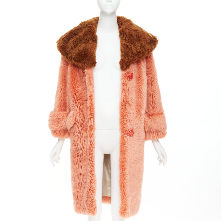 MIU MIU 2017 Runway orange brown XL flower button faux fur oversize coat IT36 XS