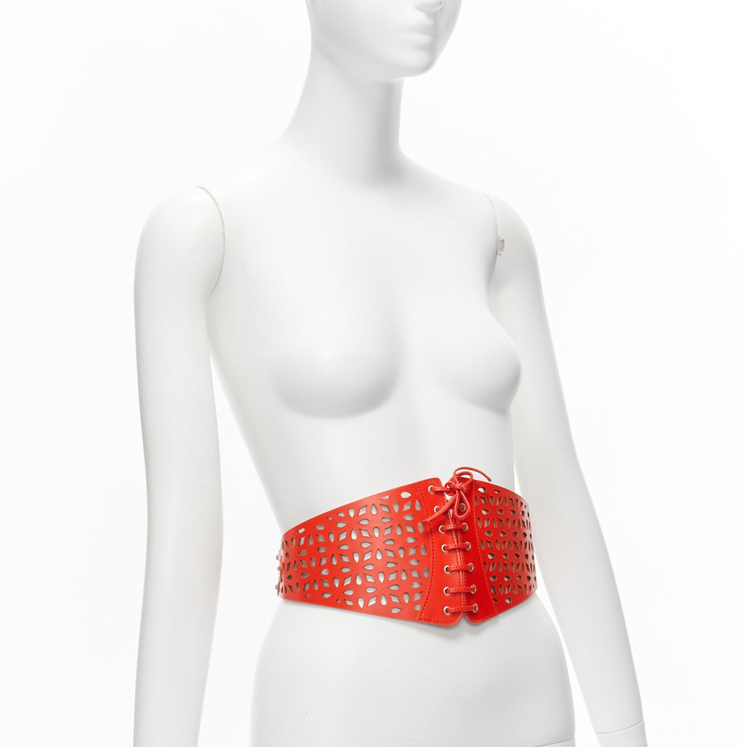 AZZEDINE ALAIA red laser cut leather laced corset waist belt 70cm