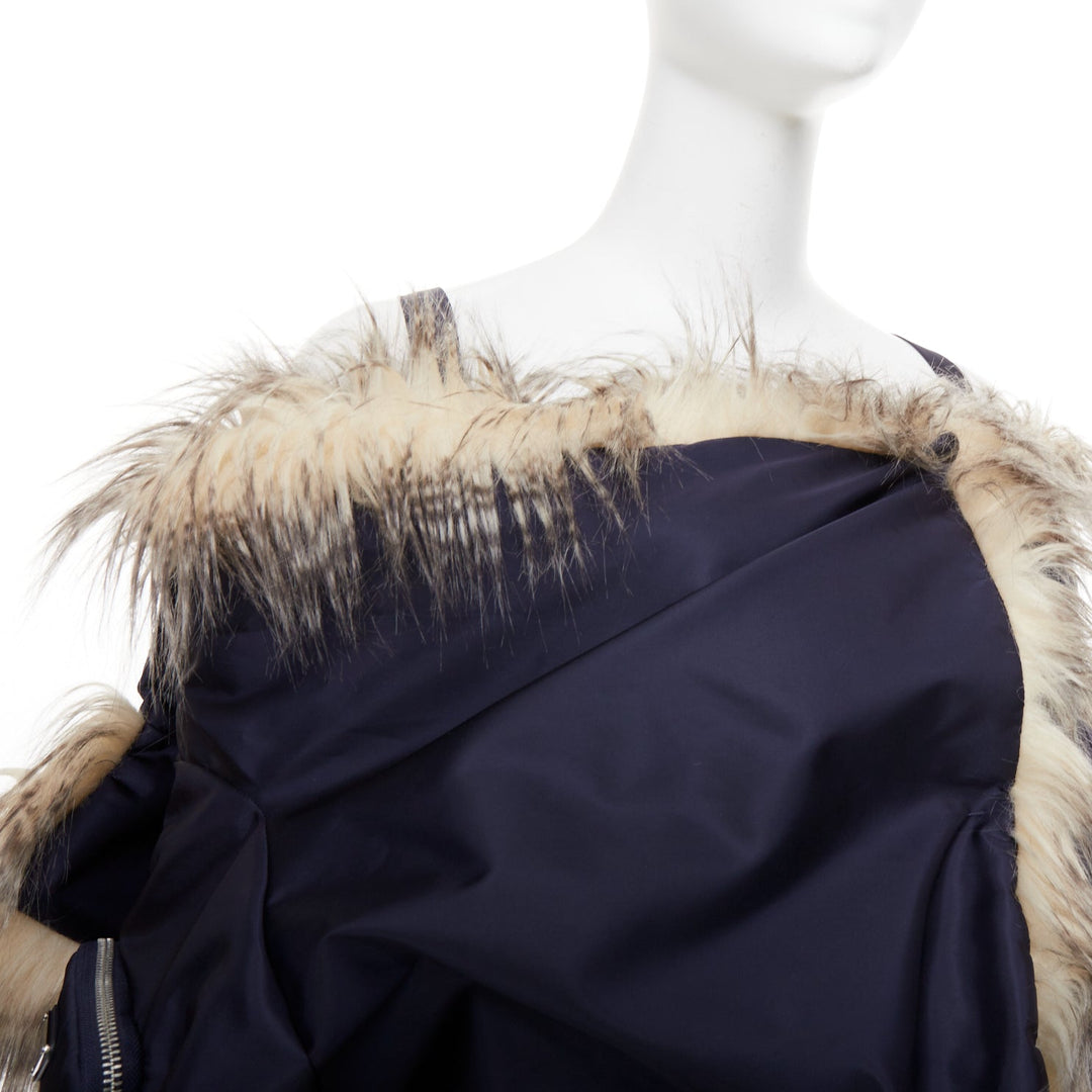 rare PRADA 2021 Runway brown faux fur off shoulder bomber coat IT38 XS Rihanna