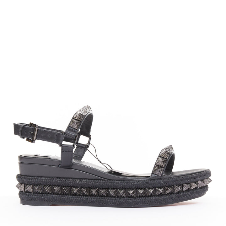 CHRISTIAN LOUBOUTIN Pyraclou 60 black leather spikes platform wedges EU38