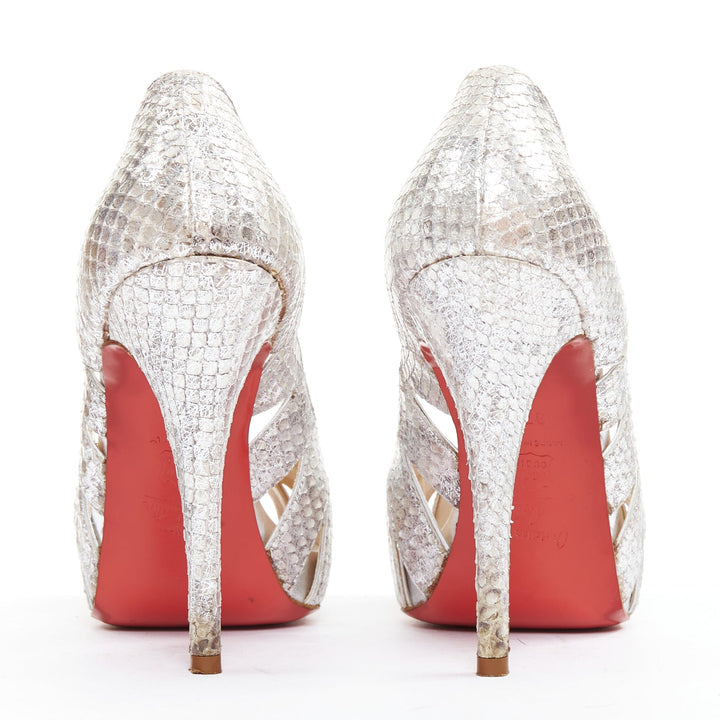 CHRISTIAN LOUBOUTIN Fontanete silver scaled leather cut out platforms EU37.5