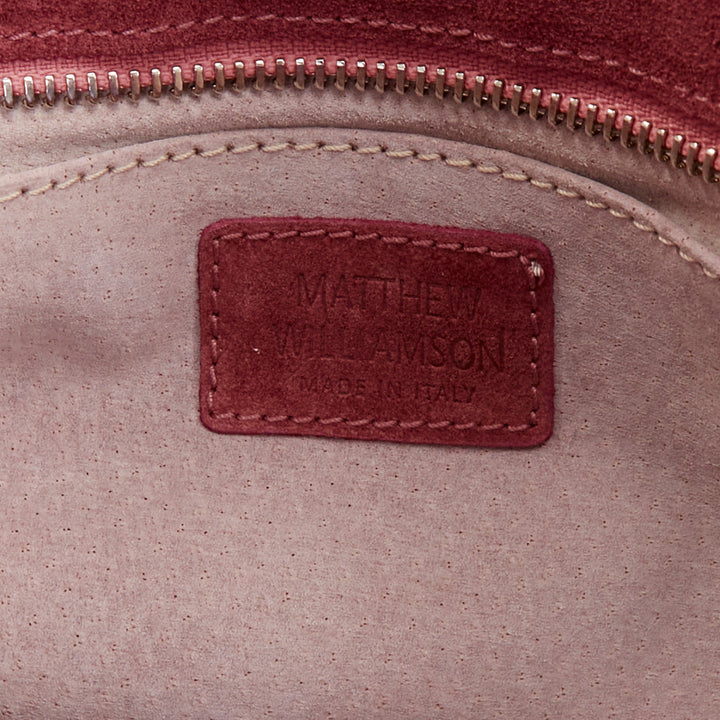 MATTHEW WILLIAMSON pink laser cut calf hair crystal silk wristlet clutch bag