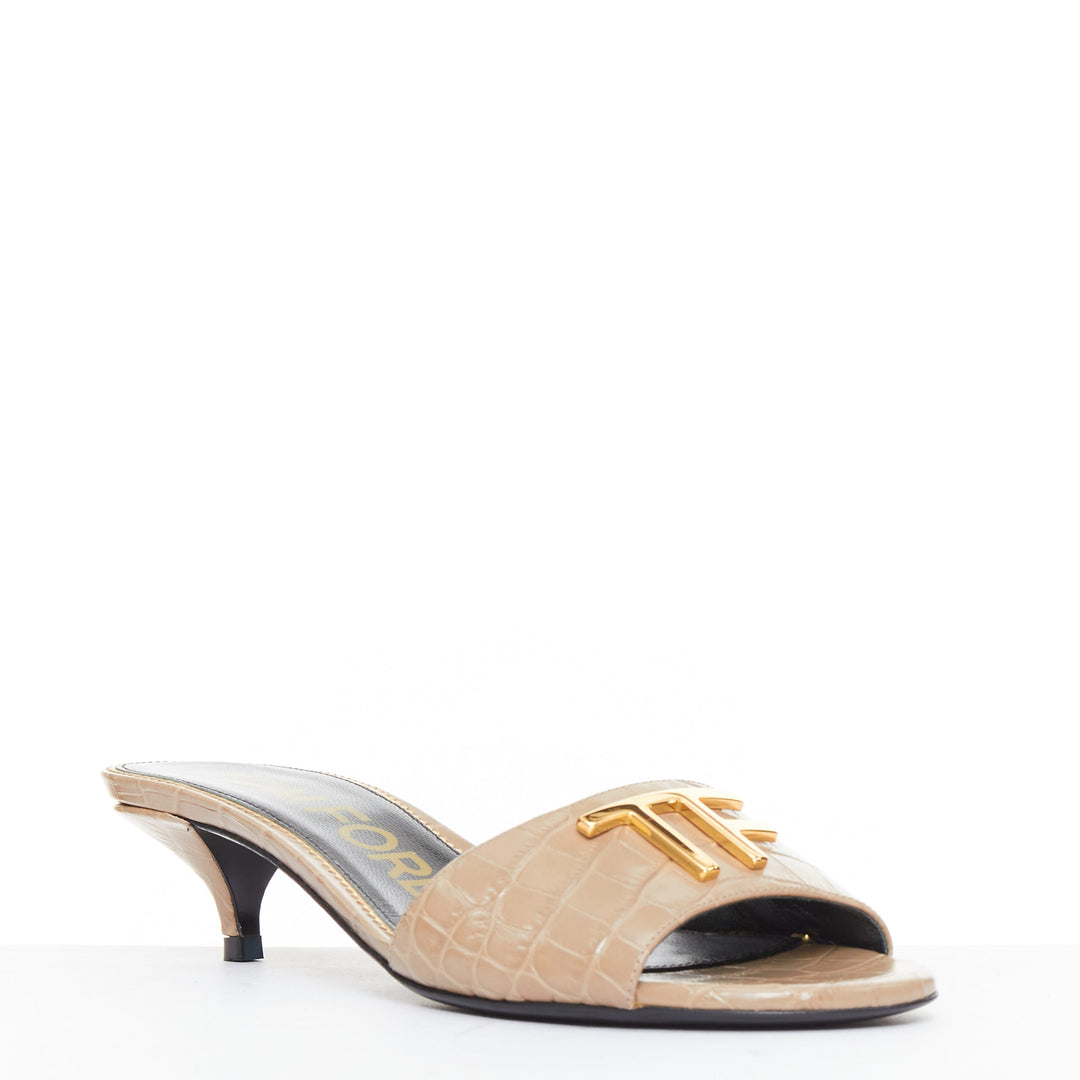 TOM FORD taupe croc embossed calfskin gold TF logo kitten heel sandal EU36