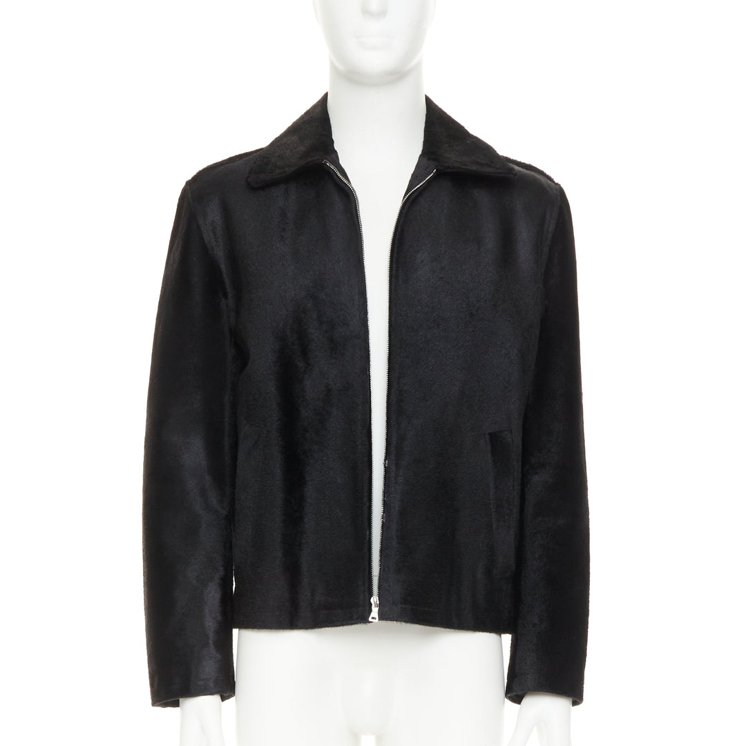 PRADA 1990s Vintage black horsehair leather pocketed boxy minimal jacket IT48 M