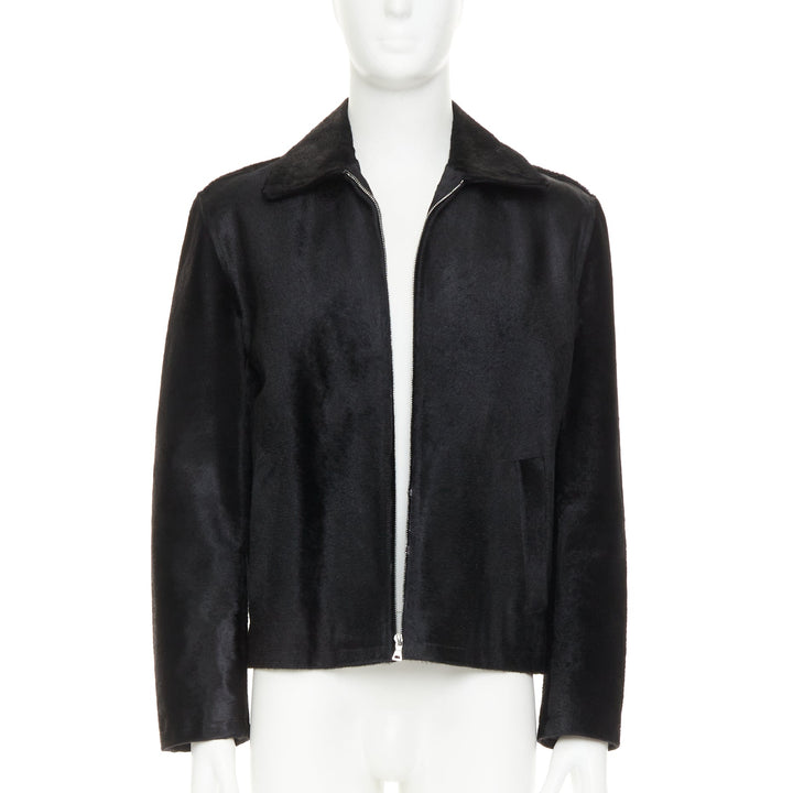 PRADA 1990s Vintage black horsehair leather pocketed boxy minimal jacket IT48 M