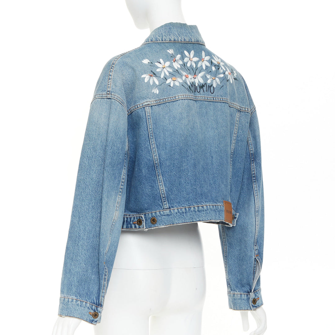 MIU MIU 2020 blue washed denim hand painted daisy floral cropped jacket IT36 XXS