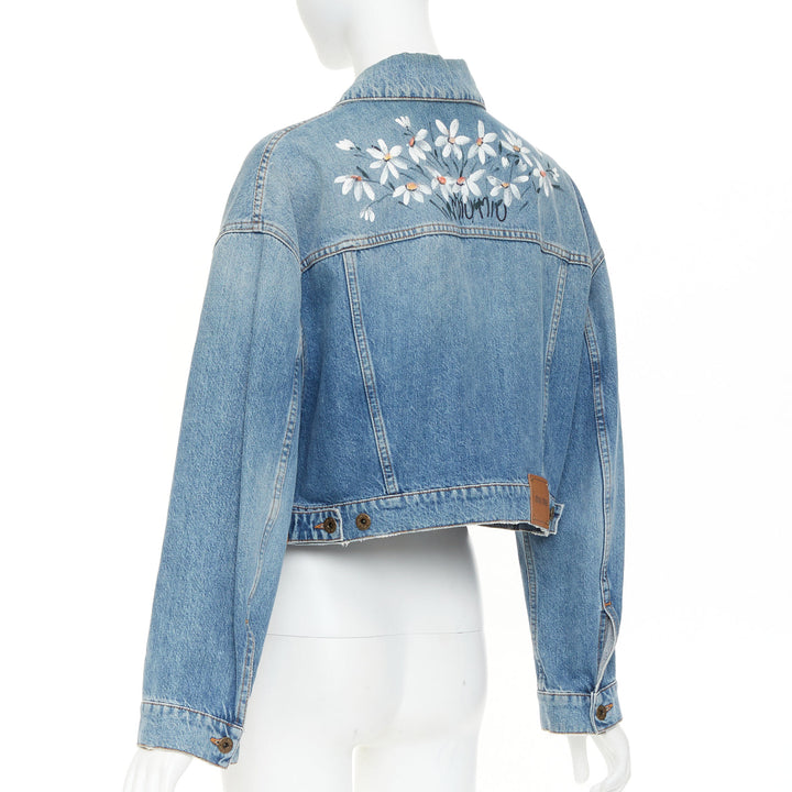 MIU MIU 2020 blue washed denim hand painted daisy floral cropped jacket IT36 XXS