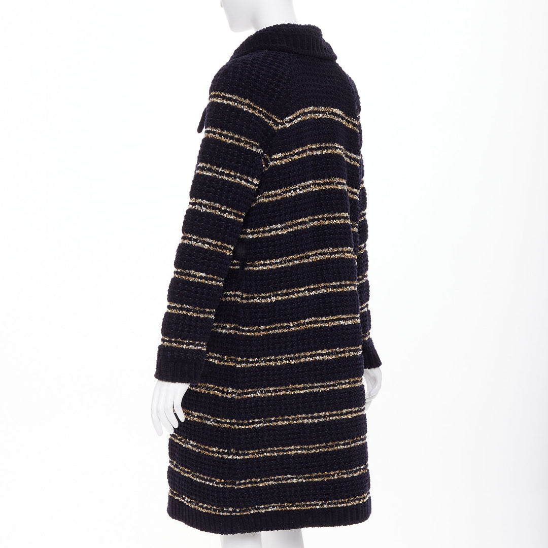 CHANEL 20A Runway navy gold wool blend tweed striped knit cardigan coat FR34 XS