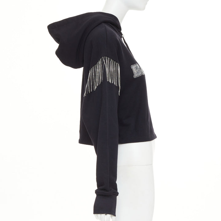 BALMA 2024 black crystal logo embellished fringe cropped hoodie sweatshirt XS
