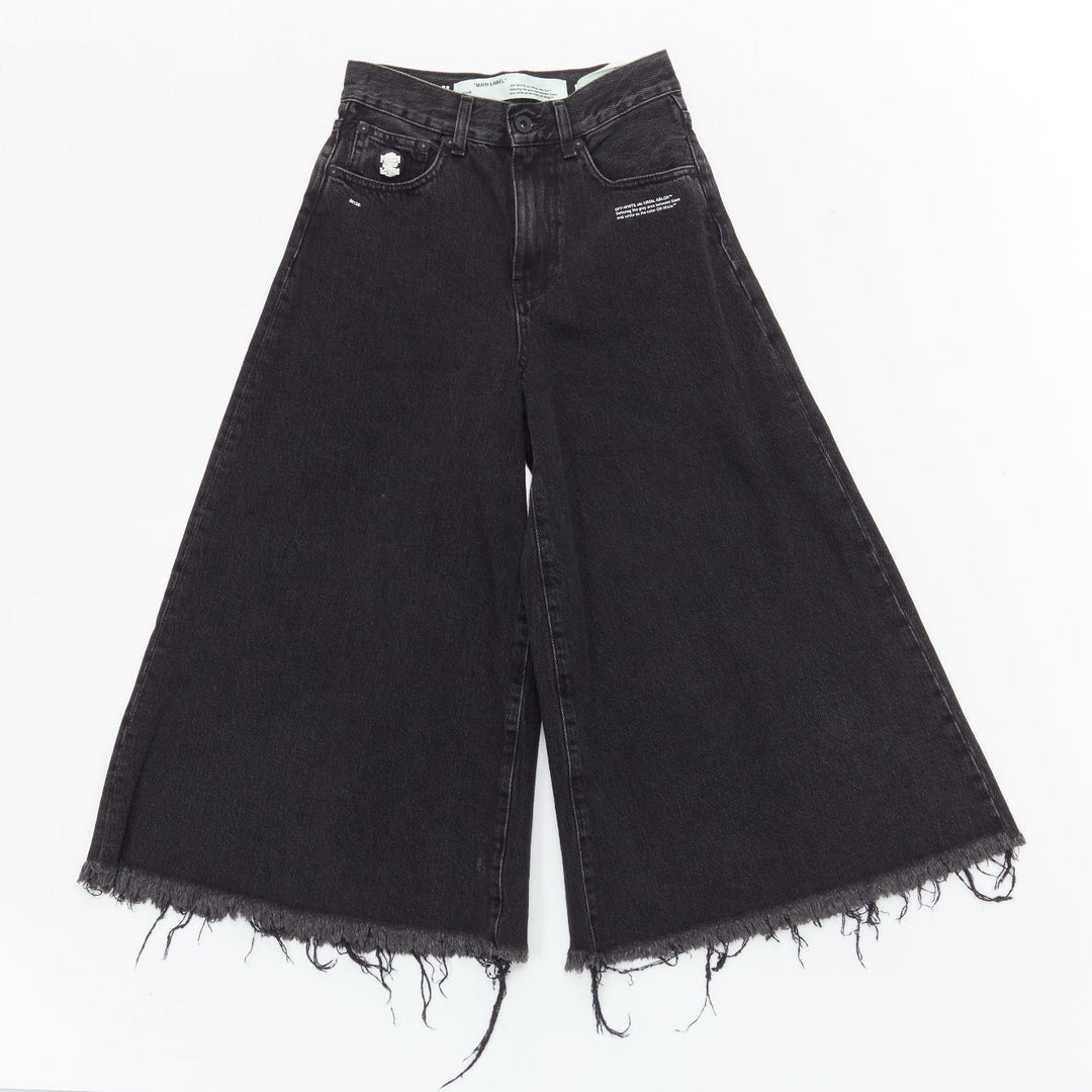 OFF WHITE C/O VIRGIL ABLOH black denim logo pin frayed hem wide culotte jeans XS