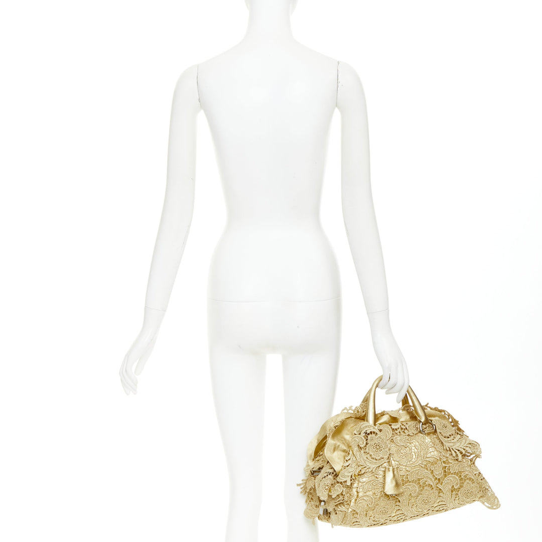 PRADA 2008 Runway Gold Oro Lace Pizzo gold macrame lace bar handle Bowler bag
