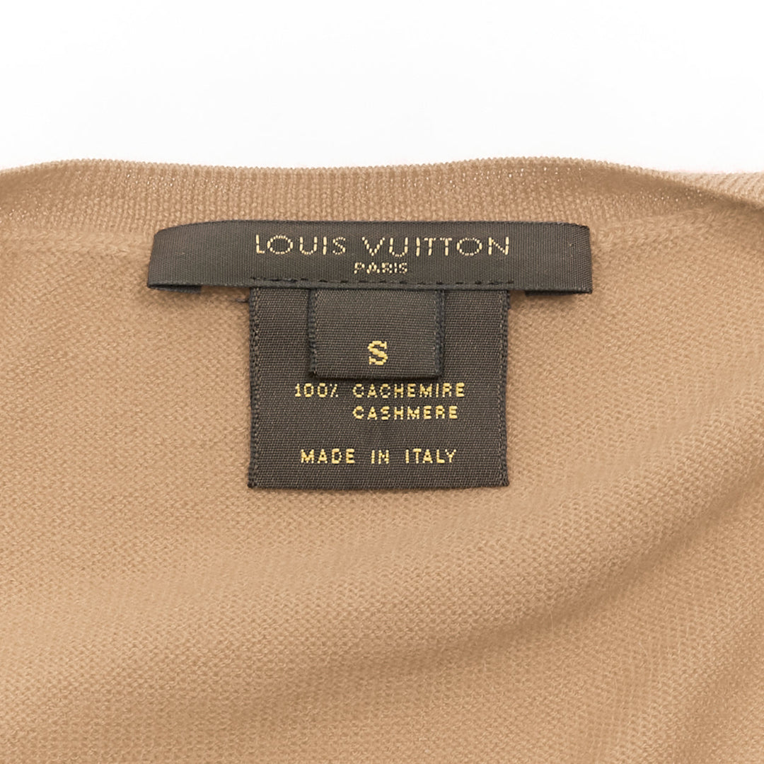 LOUIS VUITTON 100% cashmere tan brown intarsia logo crew cardigan S