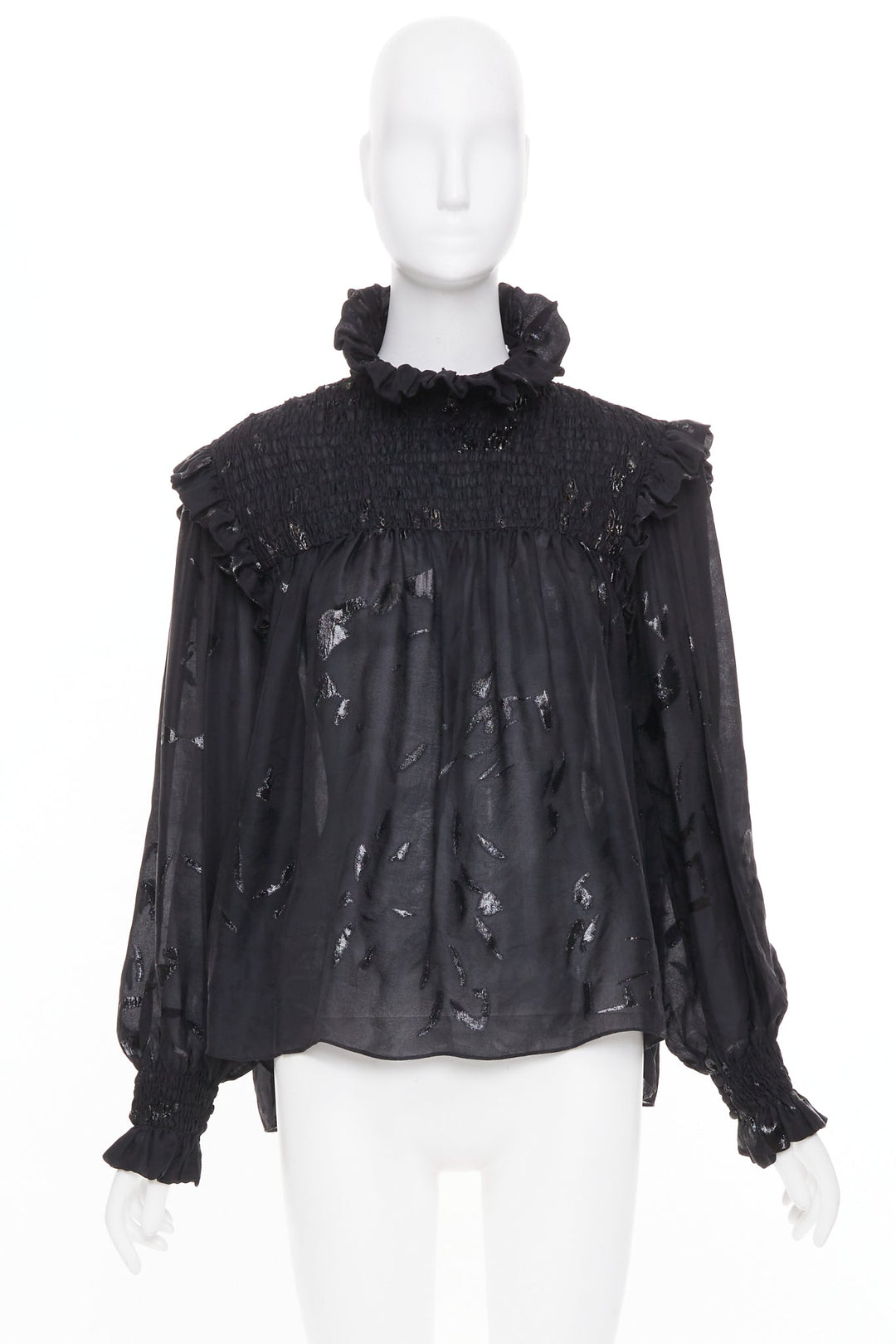SAINT LAURENT 2021 Runway fil coupe metallic lurex silk blend blouse FR 36 S