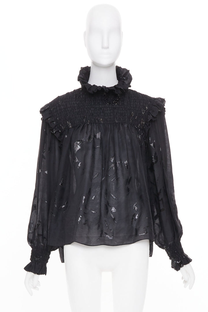 SAINT LAURENT 2021 Runway fil coupe metallic lurex silk blend blouse FR 36 S