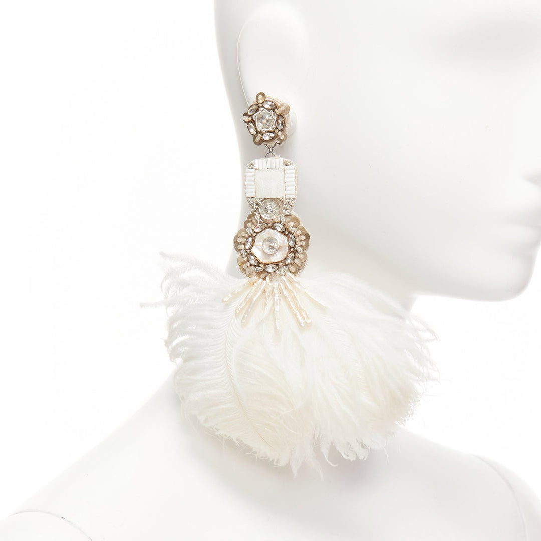 RANJANA KHAN white ostrich feather crystal embellished clip on earrings Pair