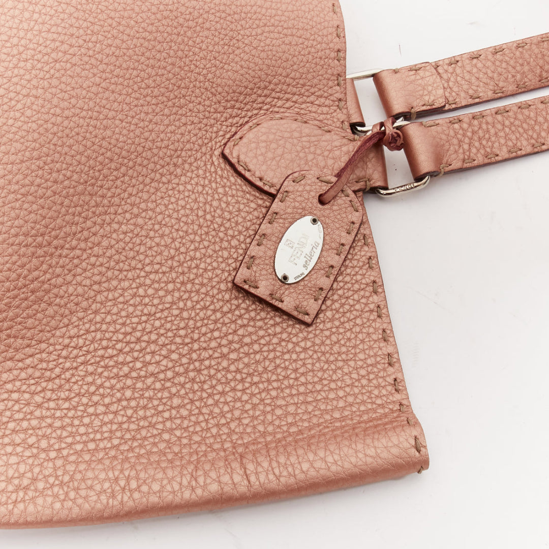 FENDI Selleria metallic rose bronze grained leather signature stitch tote bag