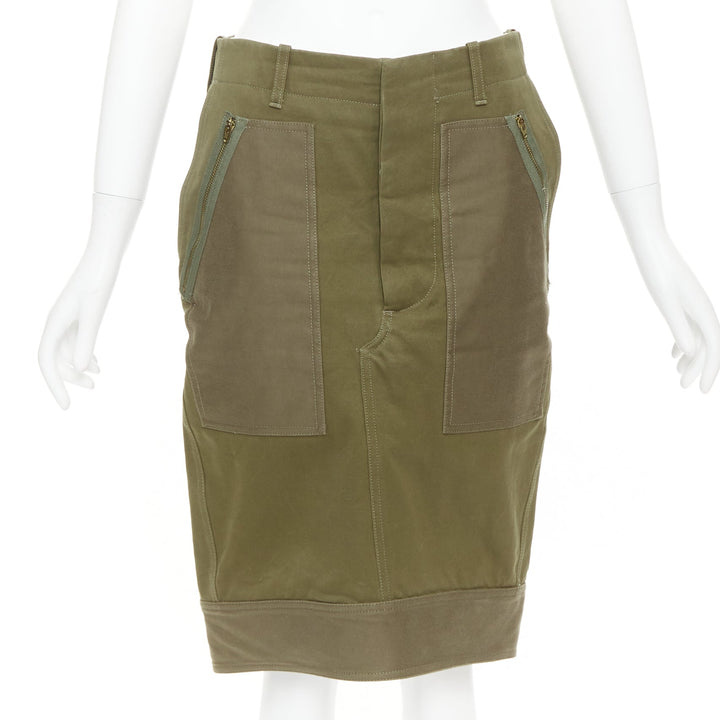 CELINE 2010 khaki green cotton patchwork pocket zipper cargo skirt FR40 L