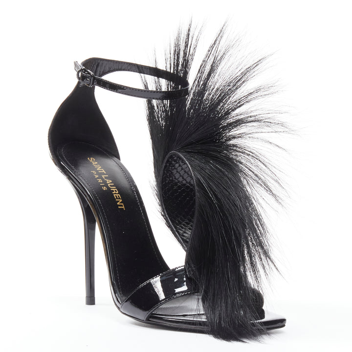 SAINT LAURENT Jamie 110 Runway black fur mohawk patent sandals EU37.5