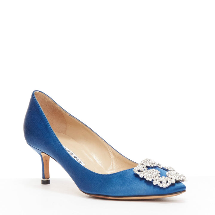 MANOLO BLAHNIK Hangisi 50 blue satin crystal buckle teacup heeled pumps EU36.5