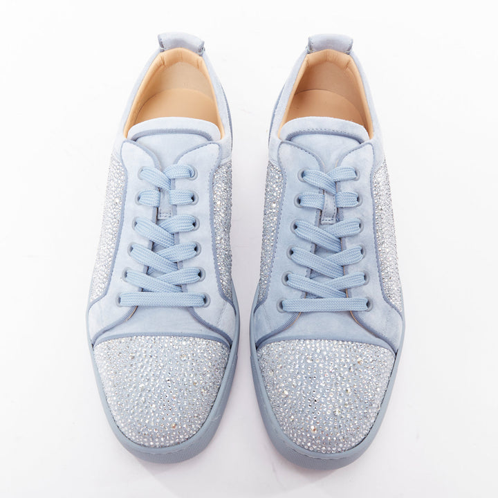 CHRISTIAN LOUBOUTIN Louis Junior Strass Flat Zinc Blue crystal sneaker EU43.5