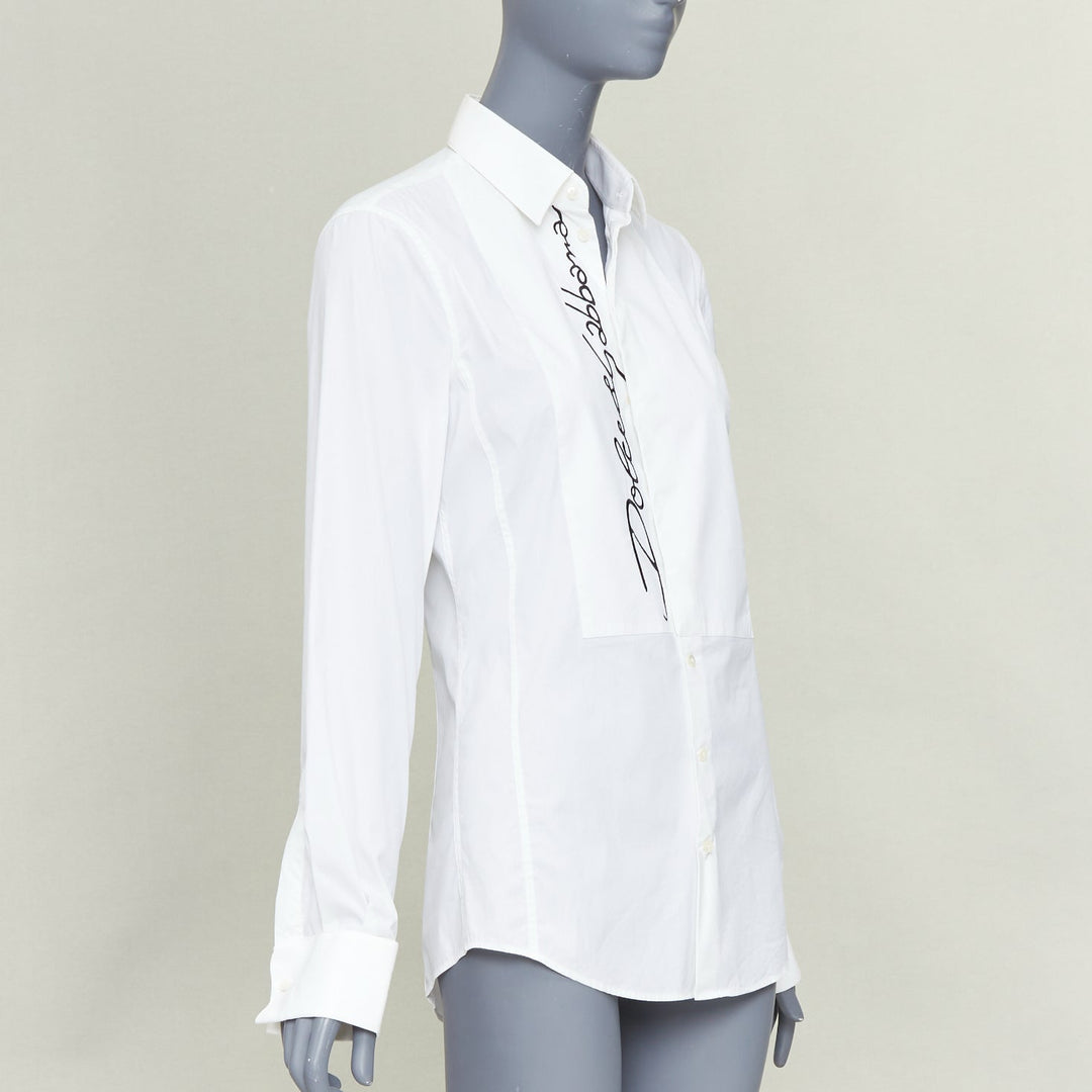 DOLCE GABBANA Sicilia white cotton black logo pleat sleeves shirt EU37 XS