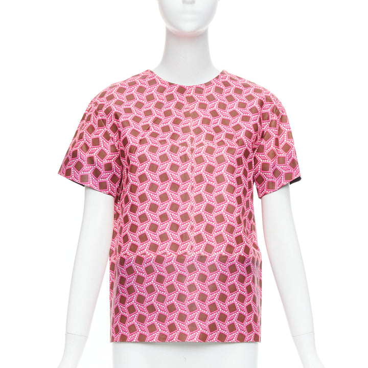 rare LOUIS VUITTON leather pink enlarged lattice lace print boxy top FR36 S