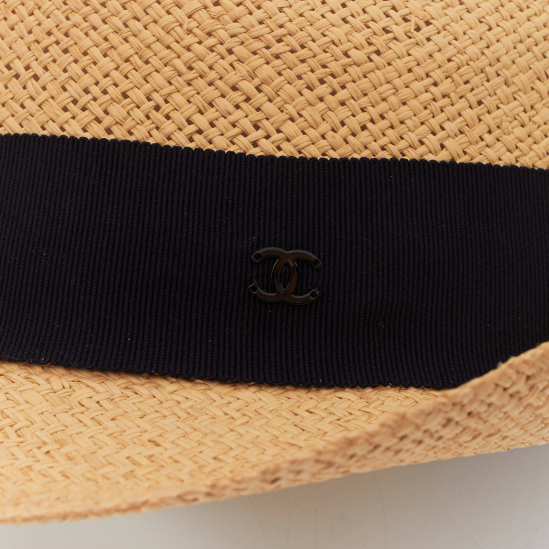 CHANEL beige raffia curled brim navy ribbon CC logo trilby hat M