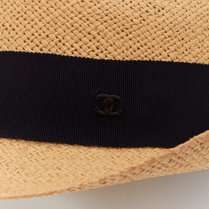 CHANEL beige raffia curled brim navy ribbon CC logo trilby hat M