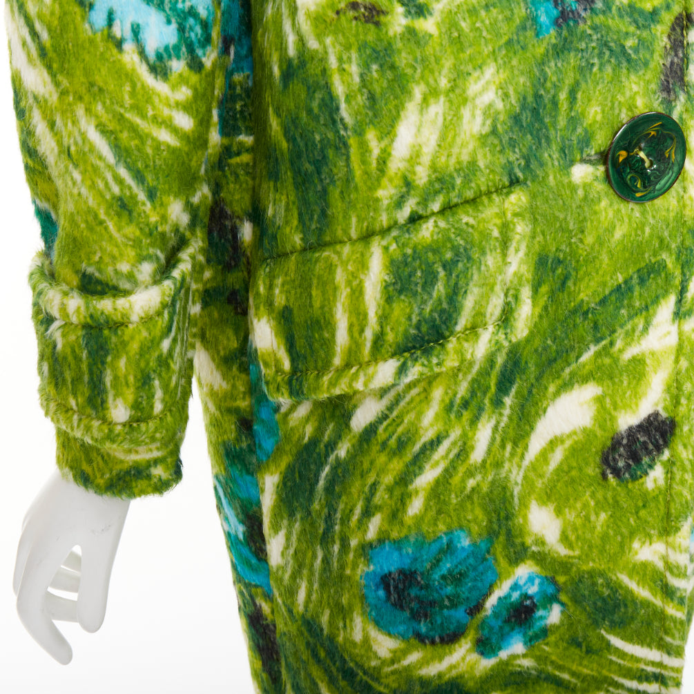 PRADA 2017 Runway alpaca wool felt green floral orange fur collar coat IT40 S