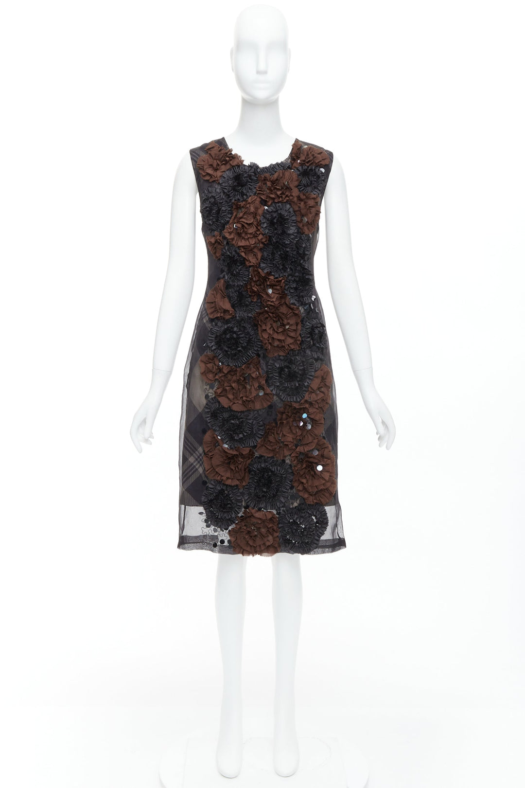 DRIES VAN NOTEN 2013 brown black floral applique plaid sheer dress FR36 S