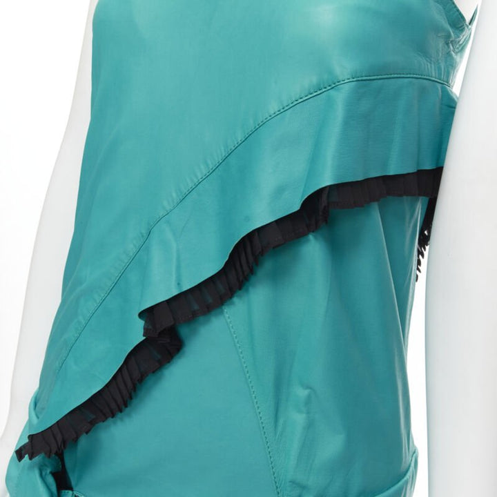 PROENZA SCHOULER teal blue leather ruffle trimmed sportif dress US2 S