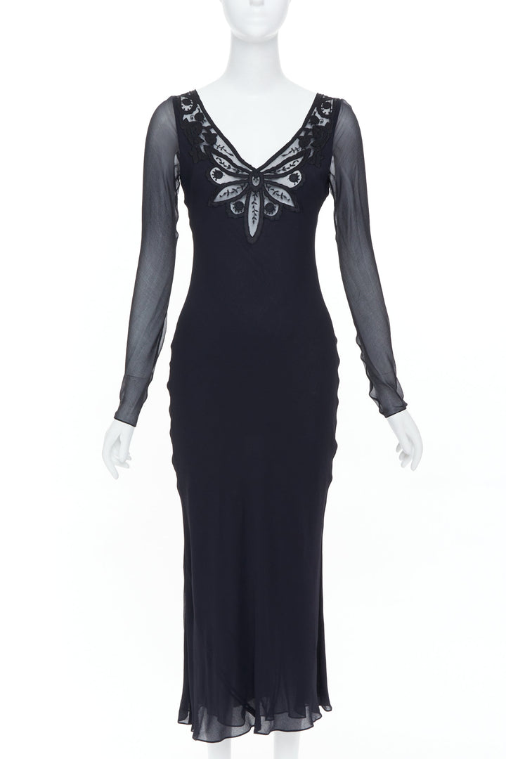 RALPH LAUREN Purple Label black butterfly lace applique cut out silk gown