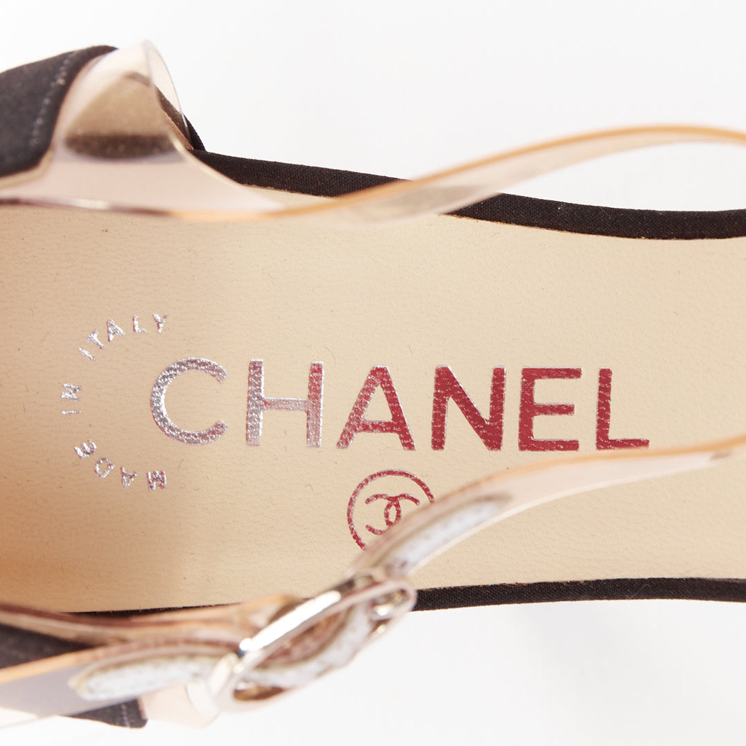 CHANEL 2013 Runway black satin clear PVC plexi CC logo cap toe pump EU38.5