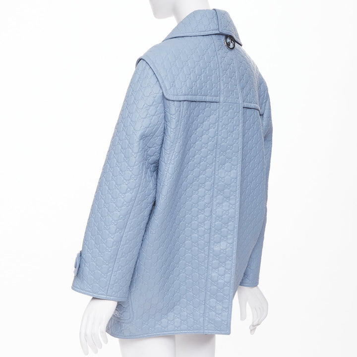 GUCCI 2024 Runway All Over Embossed GG Button Split Back blue leather coat IT38