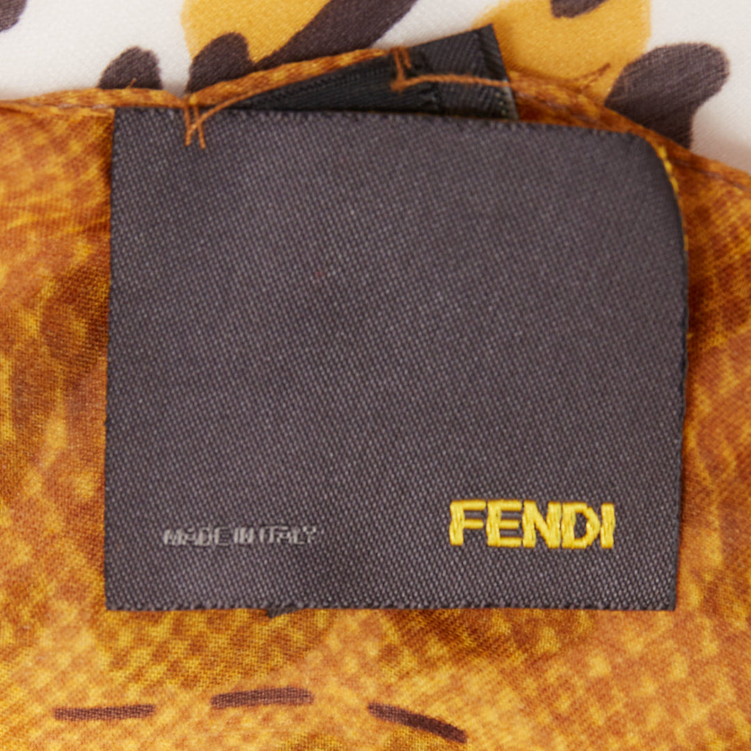 FENDI 100% silk brown leopard print logo border long rectangular scarf