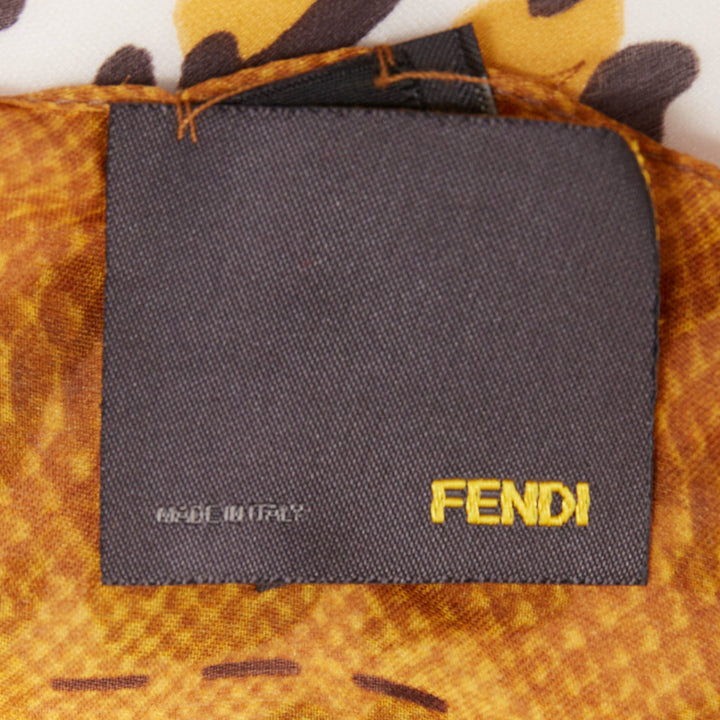 FENDI 100% silk brown leopard print logo border long rectangular scarf