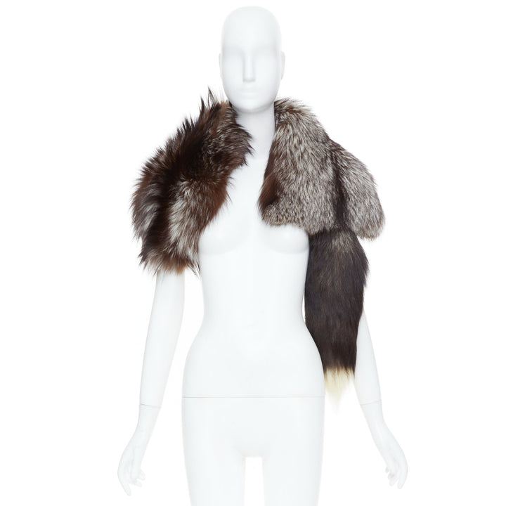 DOLCE GABBANA Volpe Frost silver fox fur tail asymmetry statement shawl capelet