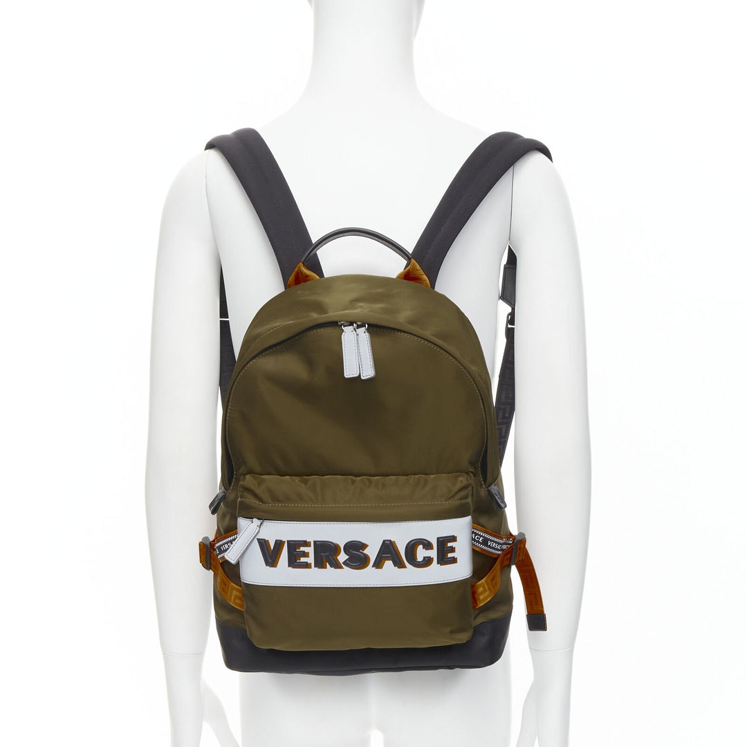 VERSACE Reflective Logo green nylon orange Greca strap backpack