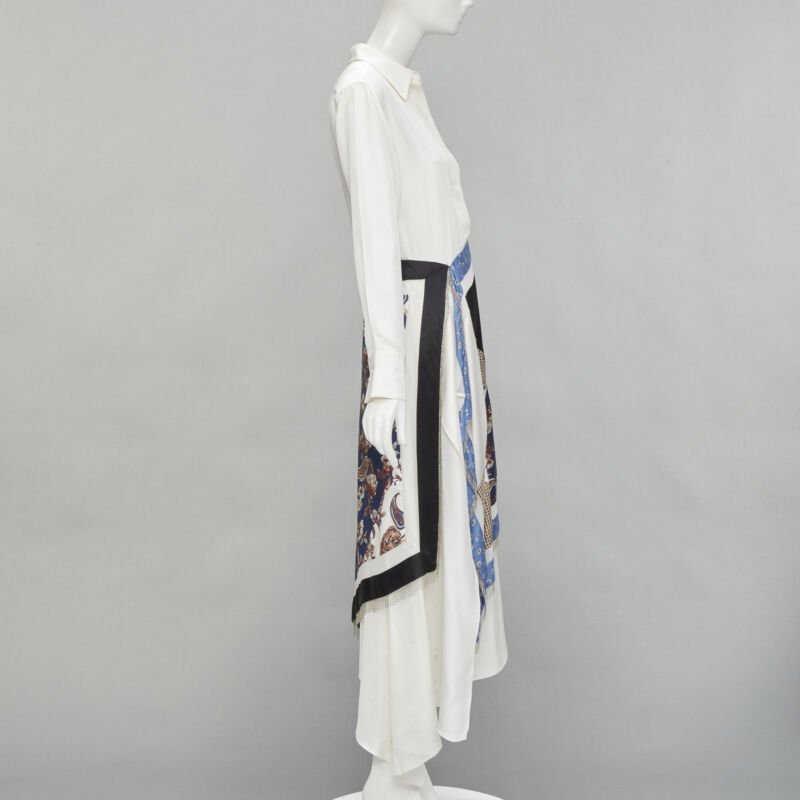 3.1 PHILLIP LIM white silk oriental print metal chain tassel wrap dress US2 S