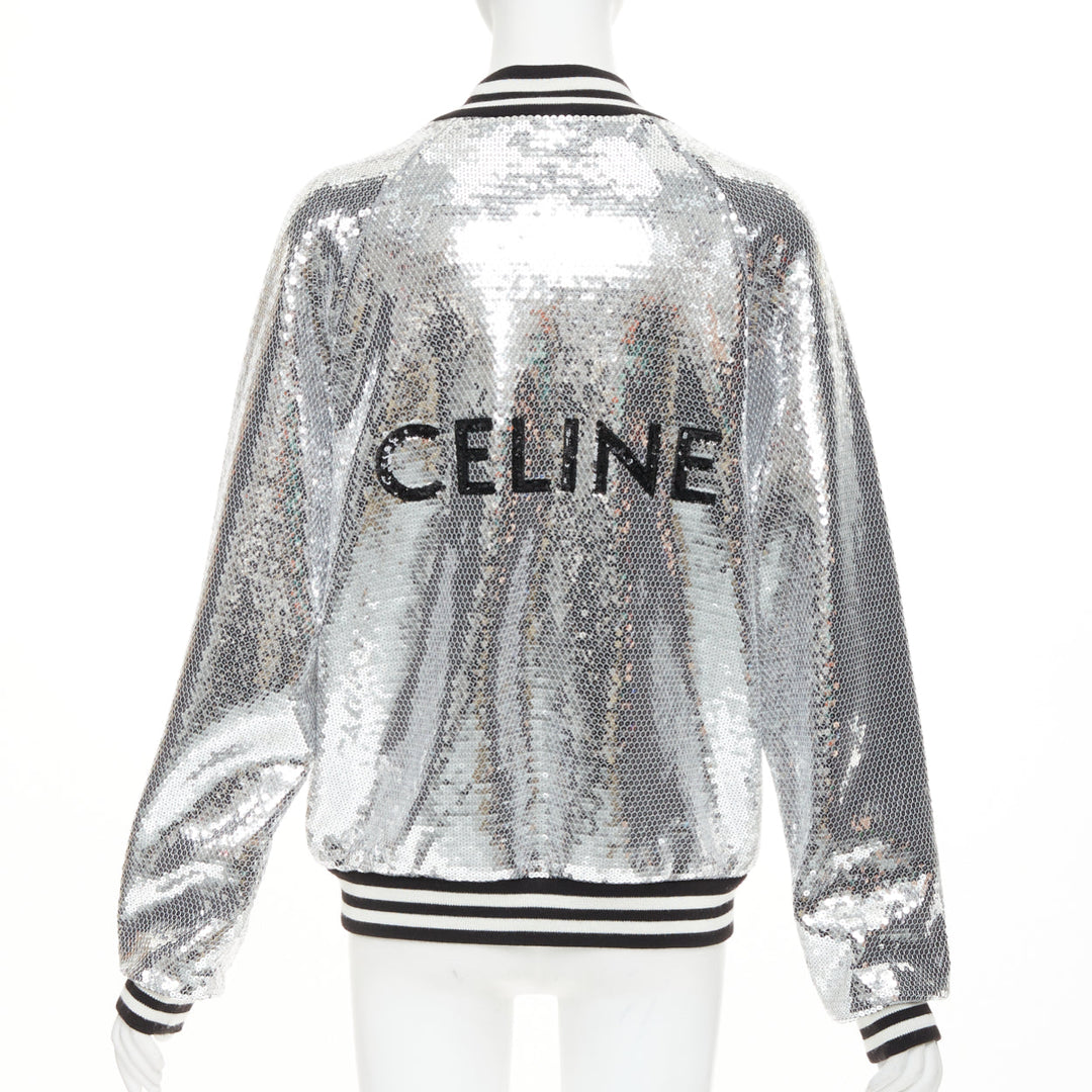 CELINE 2021 Runway silver sequin cotton black white logo teddy bomber jacket XS