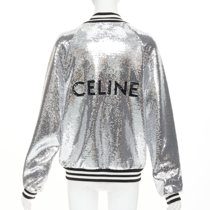 CELINE 2021 Runway silver sequin cotton black white logo teddy bomber jacket XS