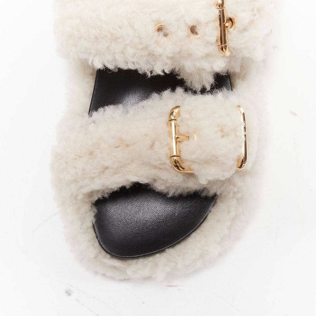MARNI white shearling gold buckles double strap black lined flat sandals EU38