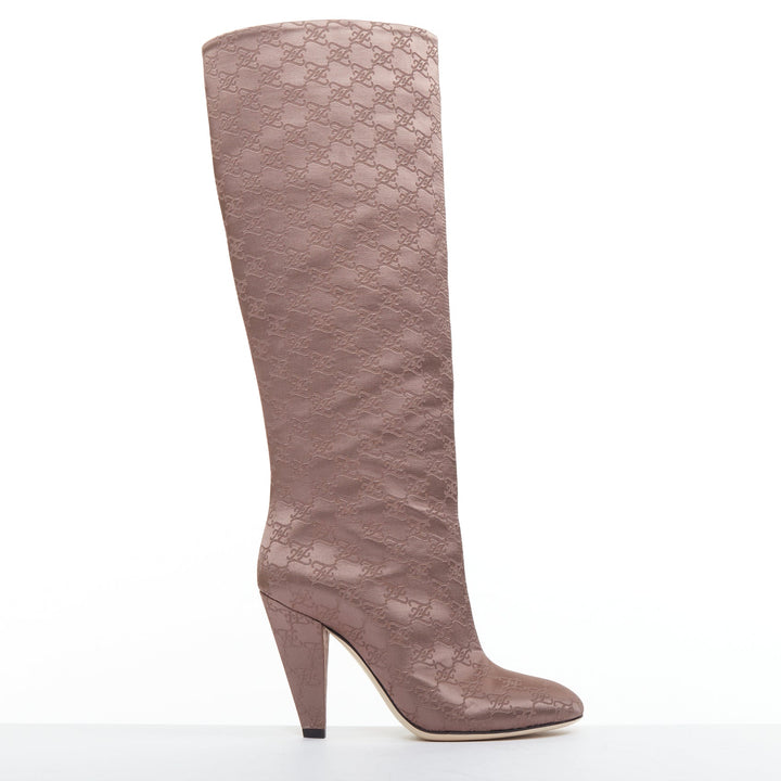 FENDI FF Karligraphy brown satin monogram knee high boots EU35